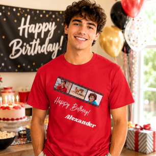 Camiseta Colagem de fotos nome do cara aniversário vermelho