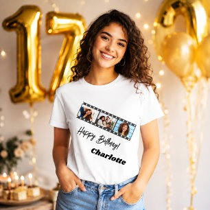 Camiseta Colagem de fotos nome filme aniversário mulher
