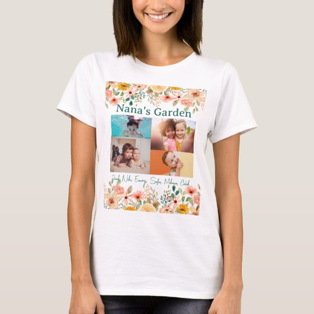 Camiseta Colagem de Fotos Personalizada Nana Grandma's Gard (Frente)