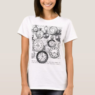 Camiseta Colagem de Relógio de Bolso Vitoriano Alice no Paí