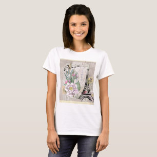 Camiseta Colagem do Flor Vintage e Desenho da Torre Eiffel
