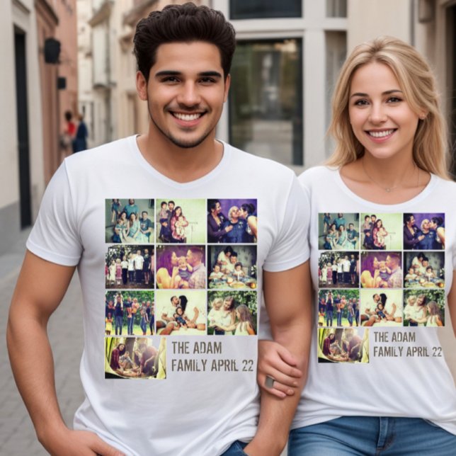 Camiseta Colagem e texto personalizados de fotos da família (Photo collage tee with custom text. Family memories alive)
