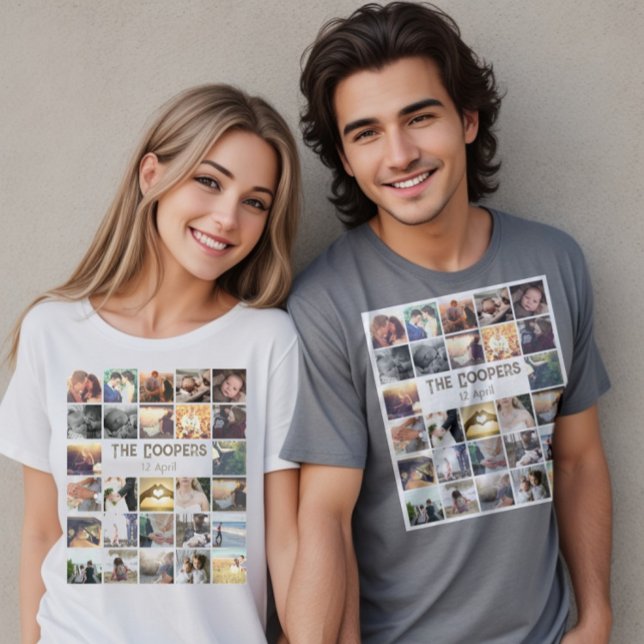 Camiseta Colagem e texto personalizados de fotos de modelo (Personalized photo collage tee with custom text. Love memories makes a family.)