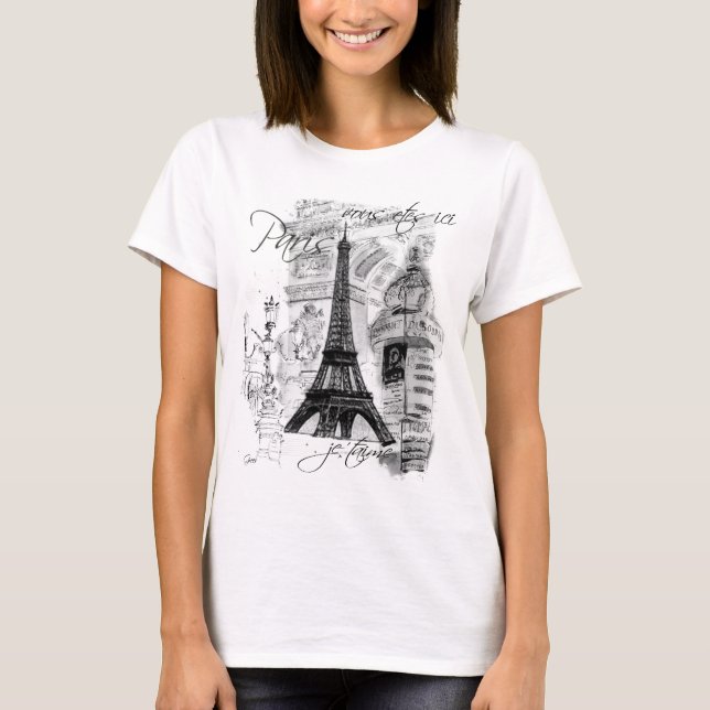 Camiseta Colagem em Cena Francesa em Torre Eiffel de Paris (Frente)