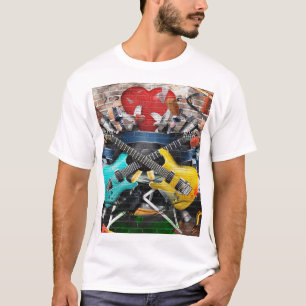 Camiseta Colagem Musical: Fundo Rítmico Colorido.