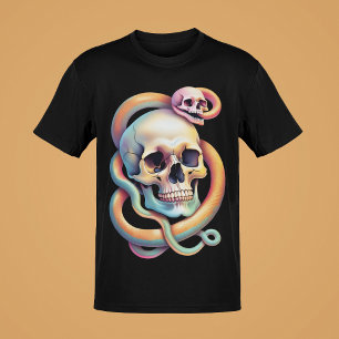 Camiseta Coleção de Arte Colorida de Caveiras com Cobras ou