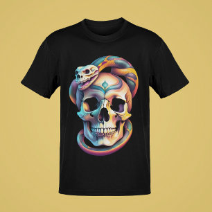 Camiseta Coleção de Arte Colorida de Caveiras com Cobras ou