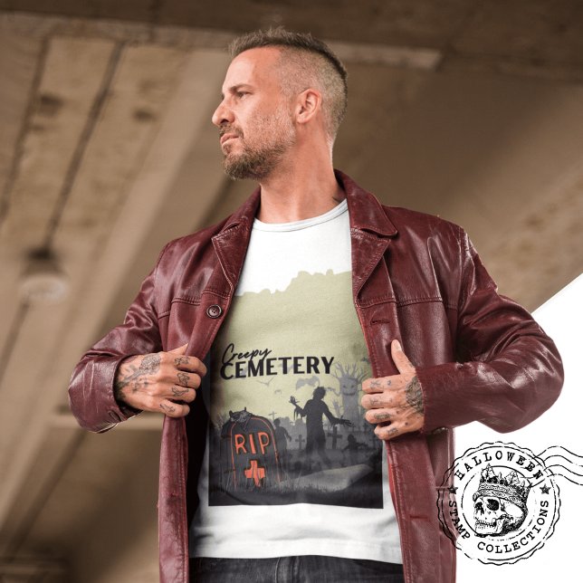 Camiseta Coleção de Carimbo de Halloween "Cemitério de Cére (Creepy Cemetery T-shirt cover from The Beekeeper Store)