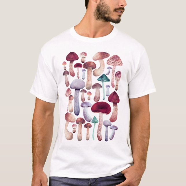 Camiseta Coleção de Cogumelos Selvagens de Aquarelas  (Frente)