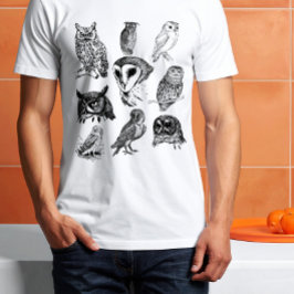 Camiseta Coleção de Desenhos de Corujas Sábias Vintage