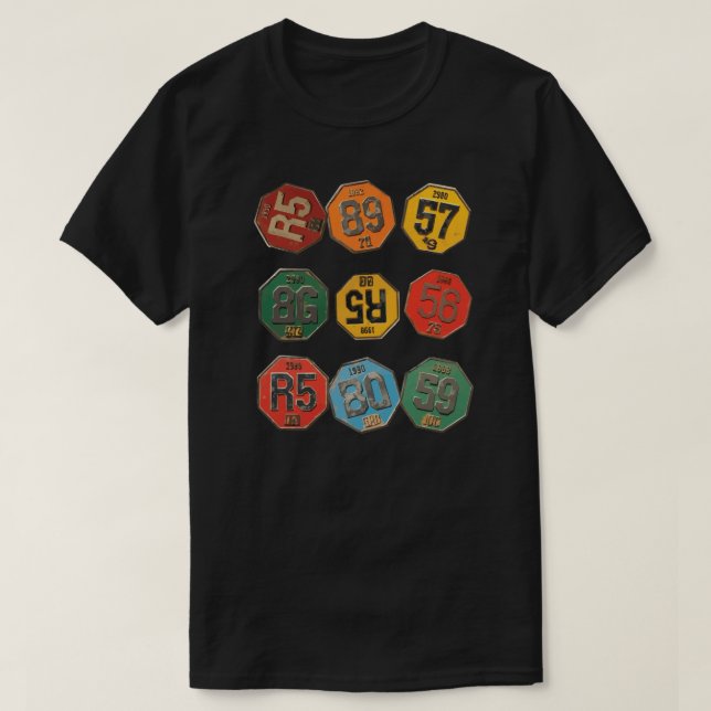 Camiseta Coleção de Emblemas de Números Retrô (Frente do Design)
