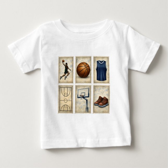 Camiseta Coleção de Selos de Basquetebol Vintage (Frente)