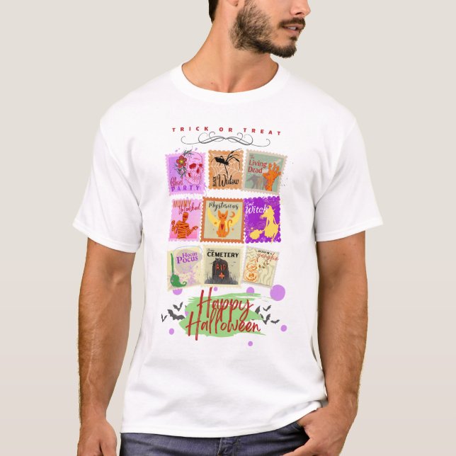 Camiseta Coleções de Carimbo de Halloween com texto em um (Frente)