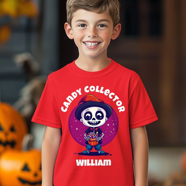 Camiseta Coletor de Doces Bonitos no Halloween (Cute Candy Colloector Skeleton Boys Halloween T-Shirt)