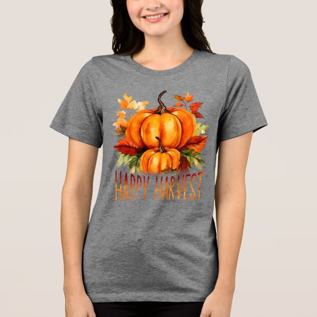 Camiseta "Colheita Feliz" Aquarela Pumpkin e Folhas de Qued (Frente)