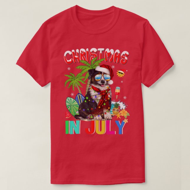 Camiseta Cóllie da fronteira em Santa Hat Sunglass Christm (Frente do Design)
