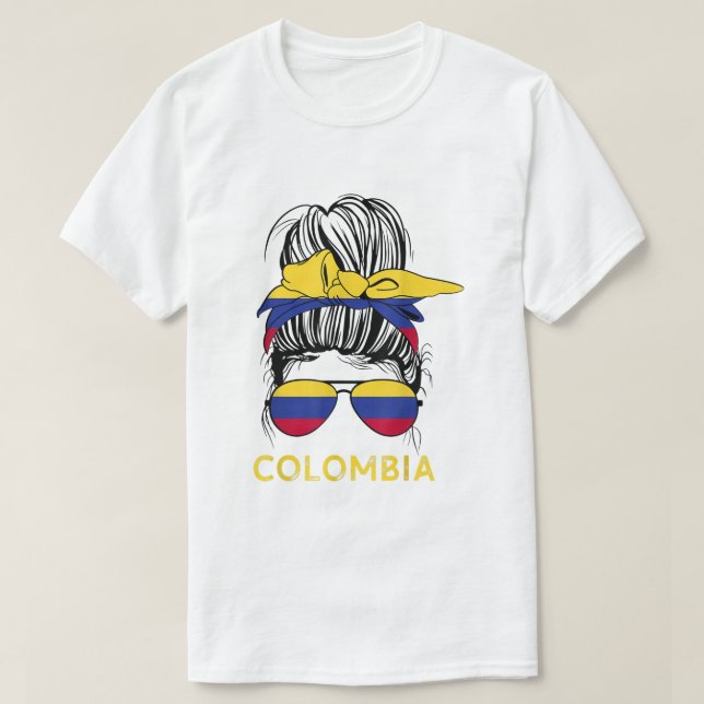 Camiseta Colombiana Menina Mensageira Óculos de sol Colômbi (Frente do Design)