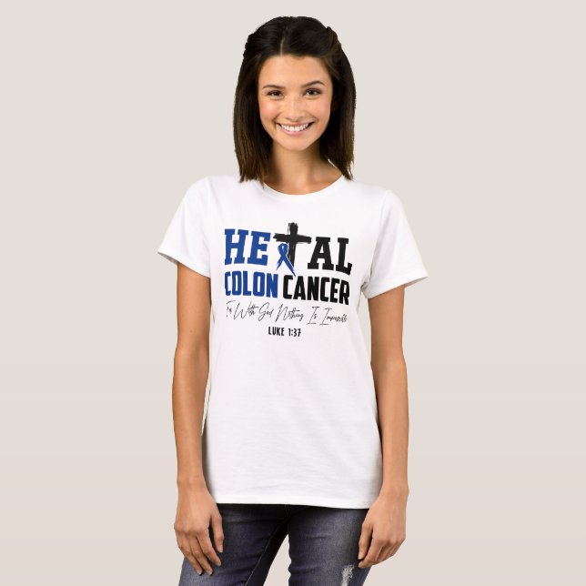 Camiseta Colon Cancer Christian Luke 1:37 Fita Azul Escura (Frente Completa)