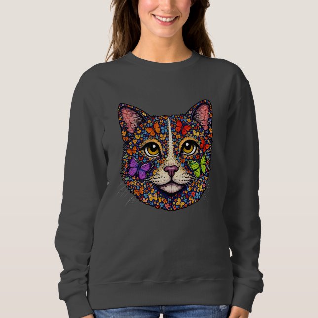 Camiseta Colorful Butterfly Blooms Cat Portrait Kitty Lover (Frente)
