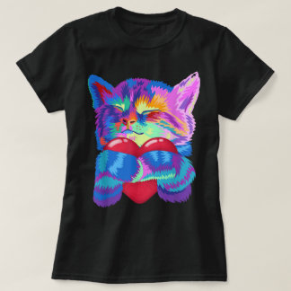 Camiseta Colorful Cat Hugging Heart Art