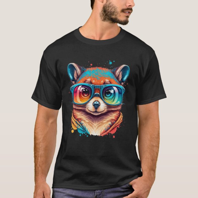 Camiseta Colorful Cute Raccoon with Sunglasses Animal (Frente)