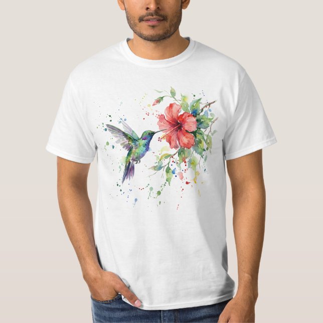 Camiseta Colorful Hummingbird Watercolor Floral Nature Art (Frente)