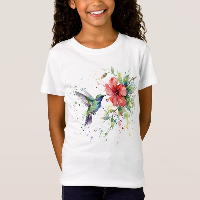 Camiseta Colorful Hummingbird Watercolor Floral Nature Art (Frente)