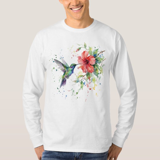 Camiseta Colorful Hummingbird Watercolor Floral Nature Art (Frente)