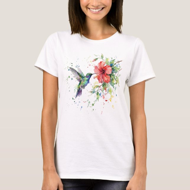 Camiseta Colorful Hummingbird Watercolor Floral Nature Art (Frente)
