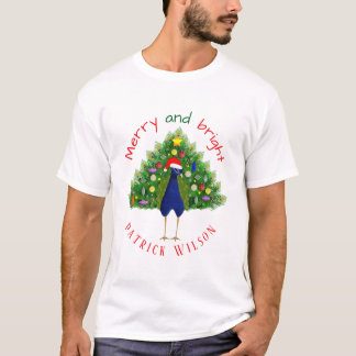Camiseta Colorful Merry and Bright Christmas Tree Peacock