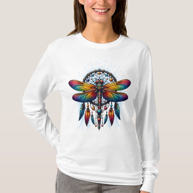 Camiseta Colorful Psychedelic Dragonfly Dreamcatcher Boho (Frente)