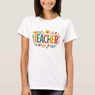 Camiseta Colorful Retro Teacher Design with Whimsical Flowe
