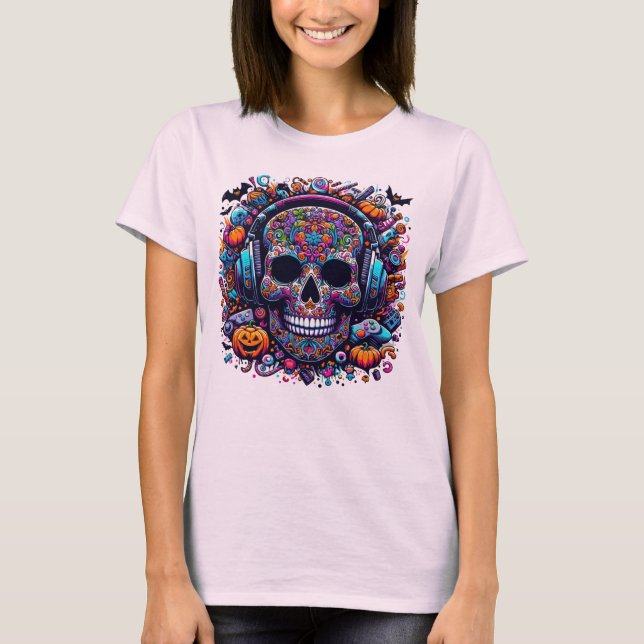 Camiseta Colorful Sugar Skull Halloween Day of Dead (Frente)