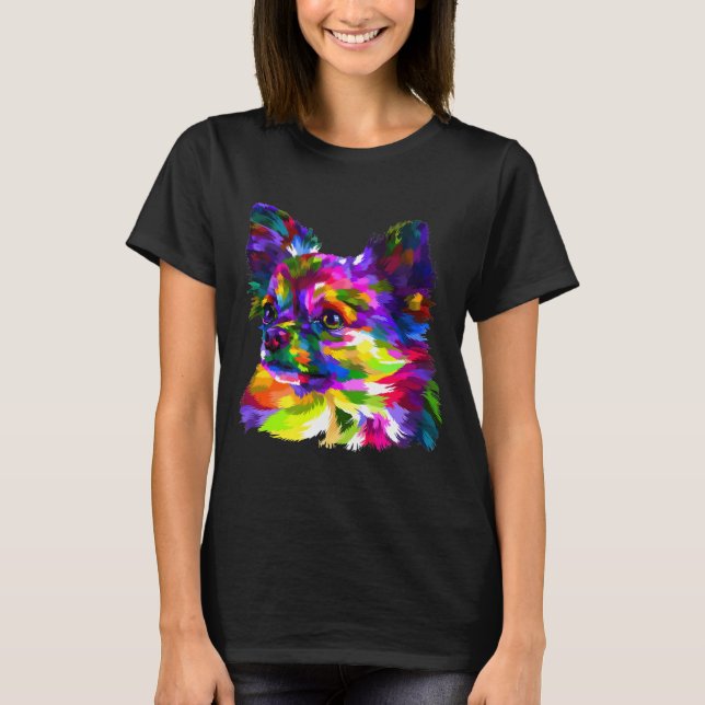 Camiseta Colorida Cabeça De Chihuahua Na Arte Geométrica Po (Frente)