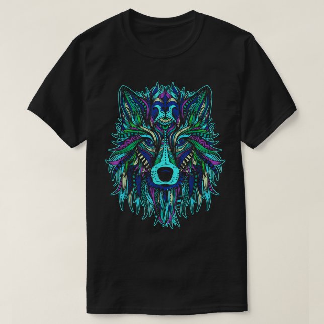 Camiseta Colorida com Cabeça de Lobo Arte Tribal M (Frente do Design)