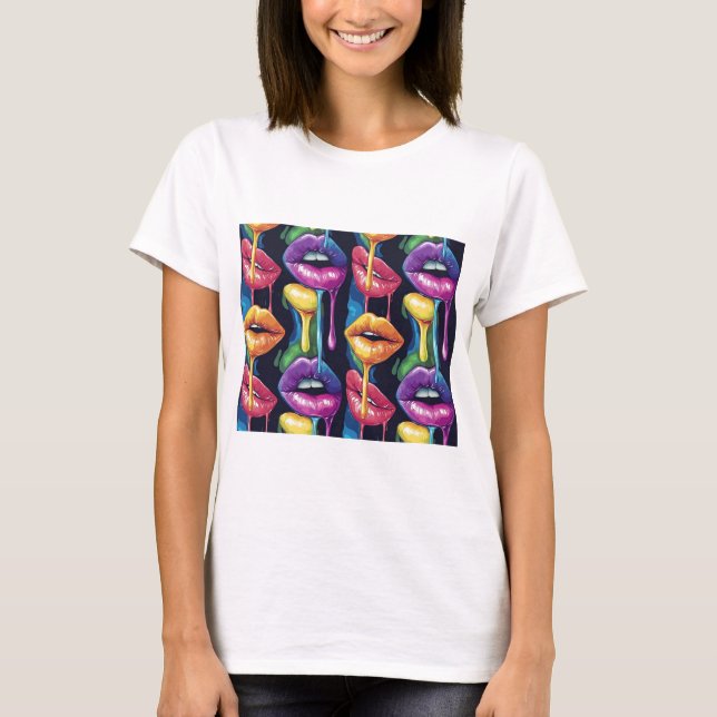 Camiseta Colorida de Lábios em Pop Art – Mulheres  (Frente)