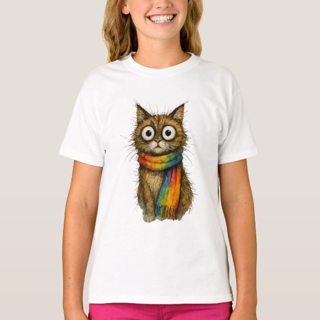 Camiseta Colorida de Meninas com Arte de Gato Arco (Frente)