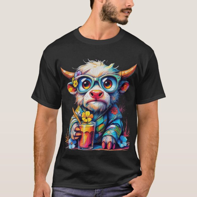 Camiseta Colorida de Vaca com Bebida Gelada (Frente)