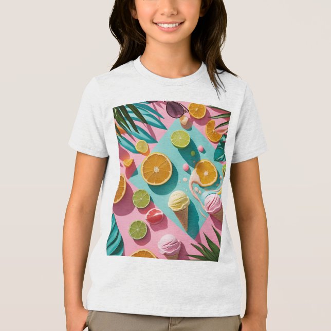 Camiseta Colorida de Verão Tropical para Crianças  (Frente)