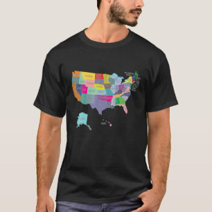Camiseta Colorida Mapa Dos EUA Com Nome De Estados, Teto Do