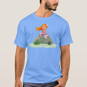 Camiseta Colorida menina de sereia com um pássaro bebê