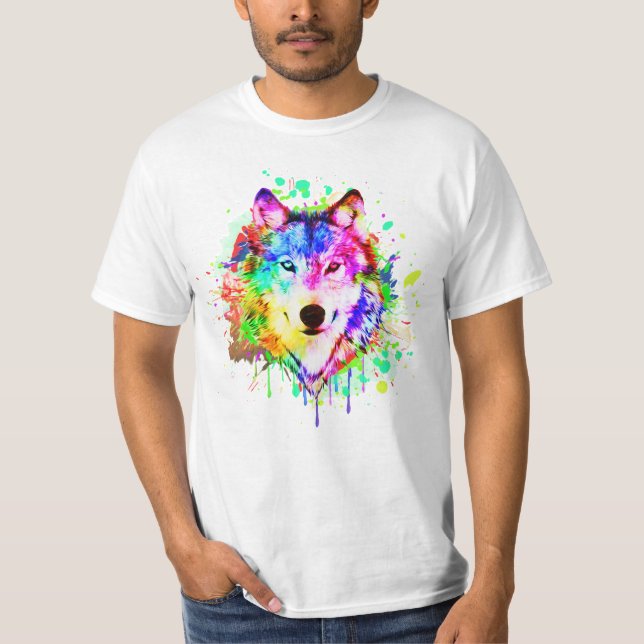 Camiseta Colorida Paint Splash Wolf Art (Frente)