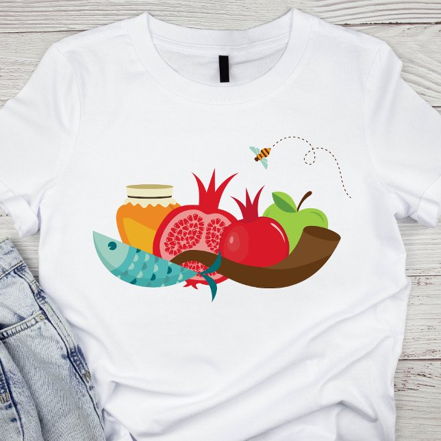 Camiseta Colorida Rosh Hashanah Frutas e Abelhas (Criador carregado)