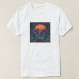 Camiseta Colorida Silhueta Urbana em Estilo Futurista e Ret
