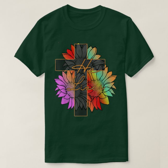 Camiseta Colorida Sunflower Faith Cross Ele Vive Jesus Chri (Frente do Design)