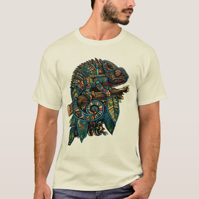 Camiseta Colorido Camaleão Mosaico Aztec em Folhas de Ramif (Frente)