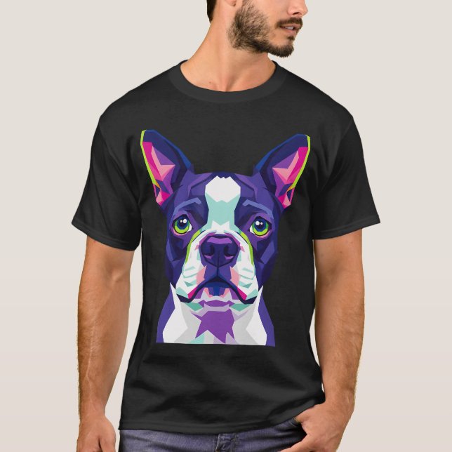 Camiseta Colorido Estilo Wpap Boston Terrier Geométrico Pop (Frente)