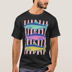 Camiseta Colorido Peixe Truta de Pesca com Mosca Retro