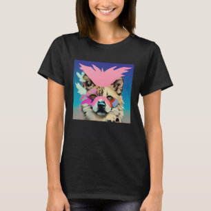 Camiseta Colorido Vibrante Cão Gato Tigre Leão Usando Penas