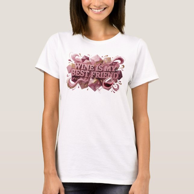 Camiseta com a frase espirituosa em rosa VINHO É M (Frente)